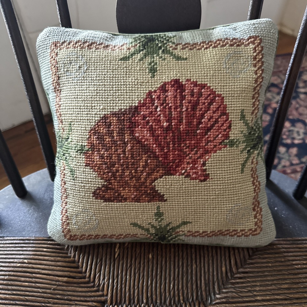 Stunning Nautical Shells on Ocean blue Needlepoint Pillow